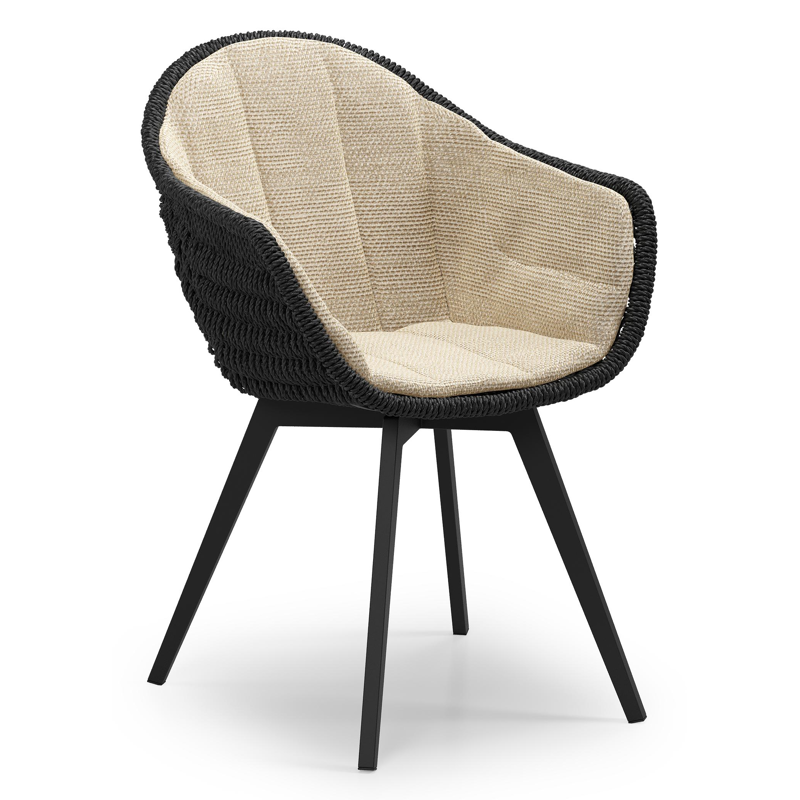Pagino tuinstoel in zwart aluminium en zwart ronde wicker met zitkussen in All Weather Cosytica Althea Camel