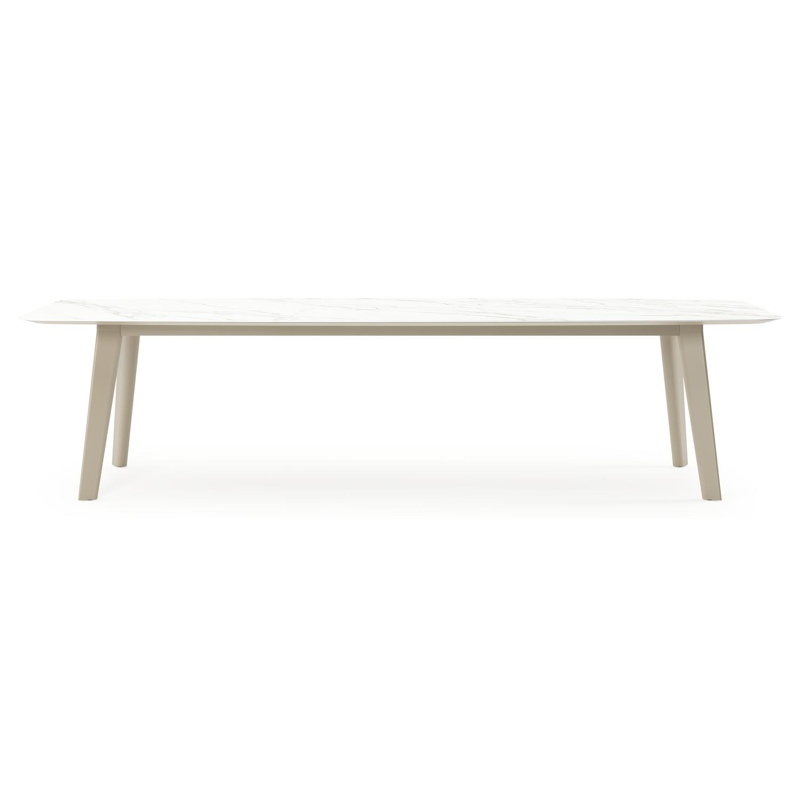 Table de jardin Lacrima forme de bateau en aluminium beige et céramique pleine Calacatta - Lg. 315 x Lrg. 115 x Haut. 73 cm