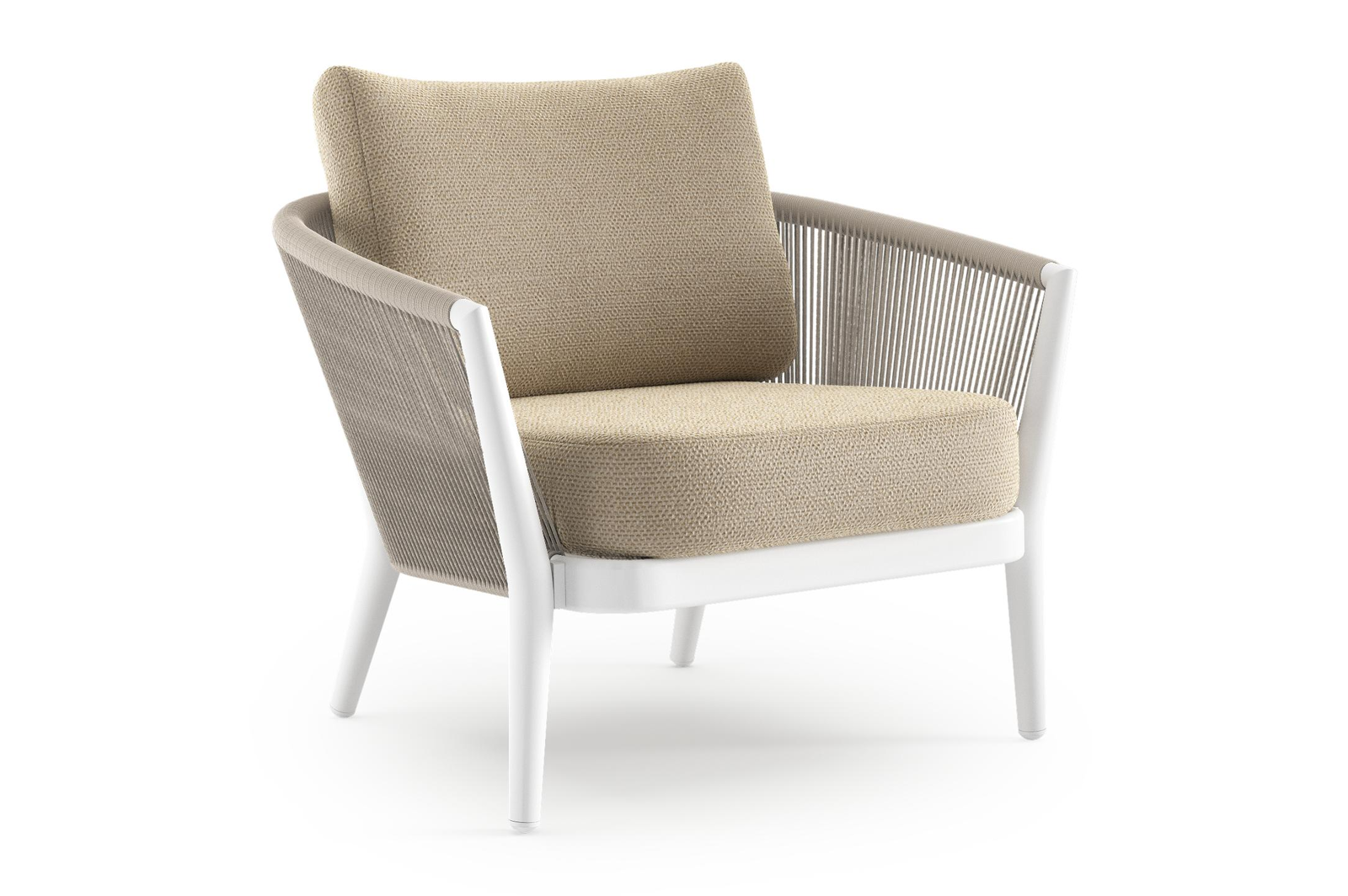 Orso loungestoel in wit aluminium en beige verticaal geweven ronde rope met Althea Camel all weather cosytica kussen