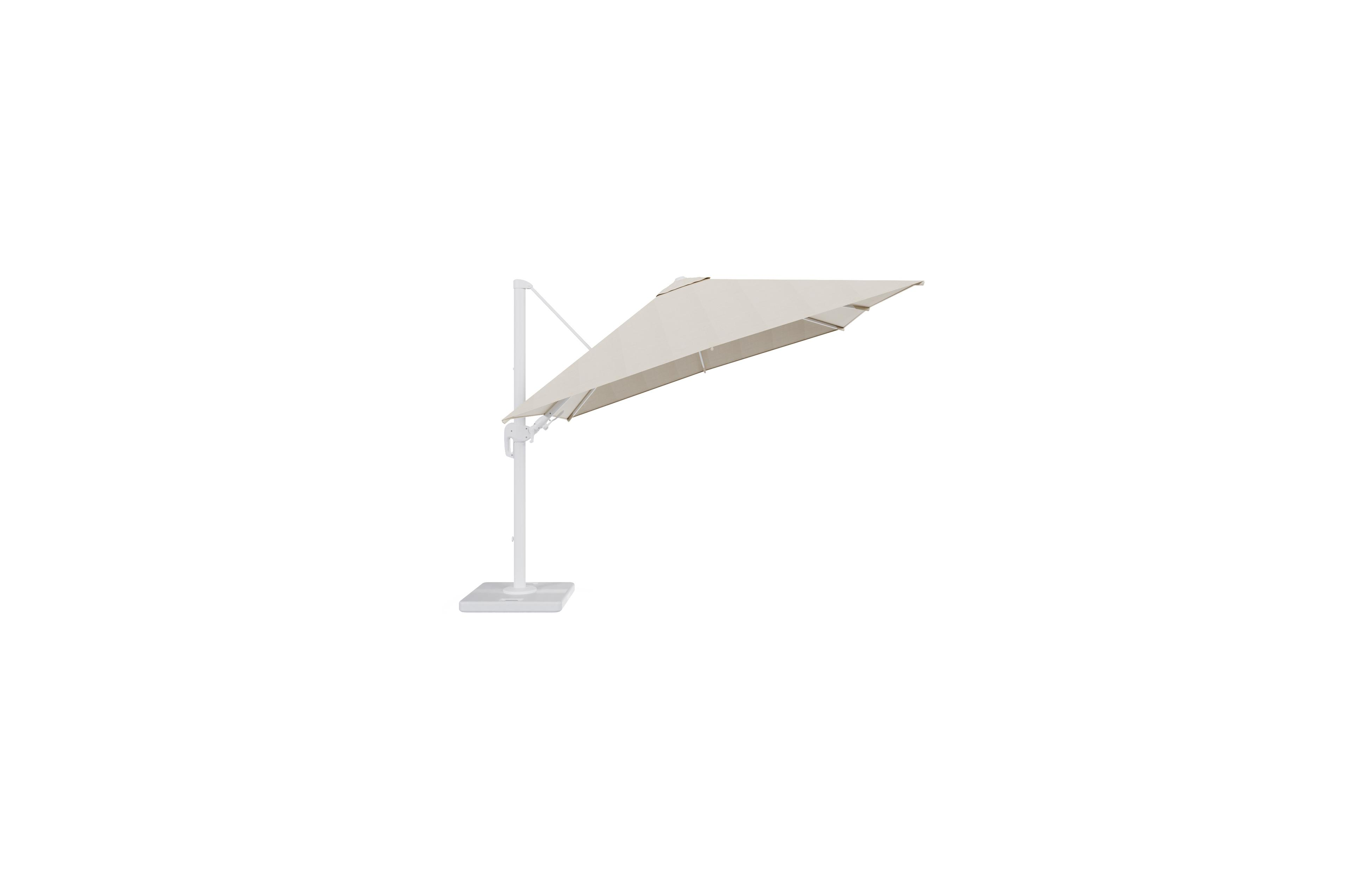 Rufina zweefparasol met tiltfunctie in wit aluminium met beige all weather sunbrella® premium parasoldoek - L1 300 x L2 300 cm met parasolvoet Lapido 120 kg