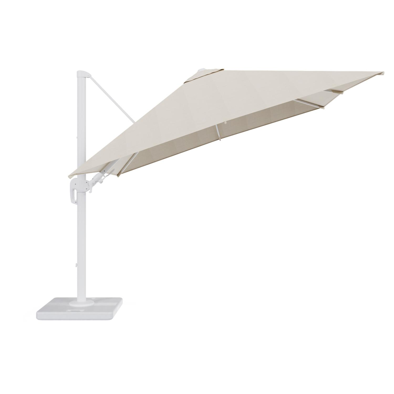 Rufina zweefparasol met tiltfunctie in wit aluminium met beige all weather sunbrella® premium parasoldoek - L1 300 x L2 300 cm met parasolvoet Lapido 120 kg