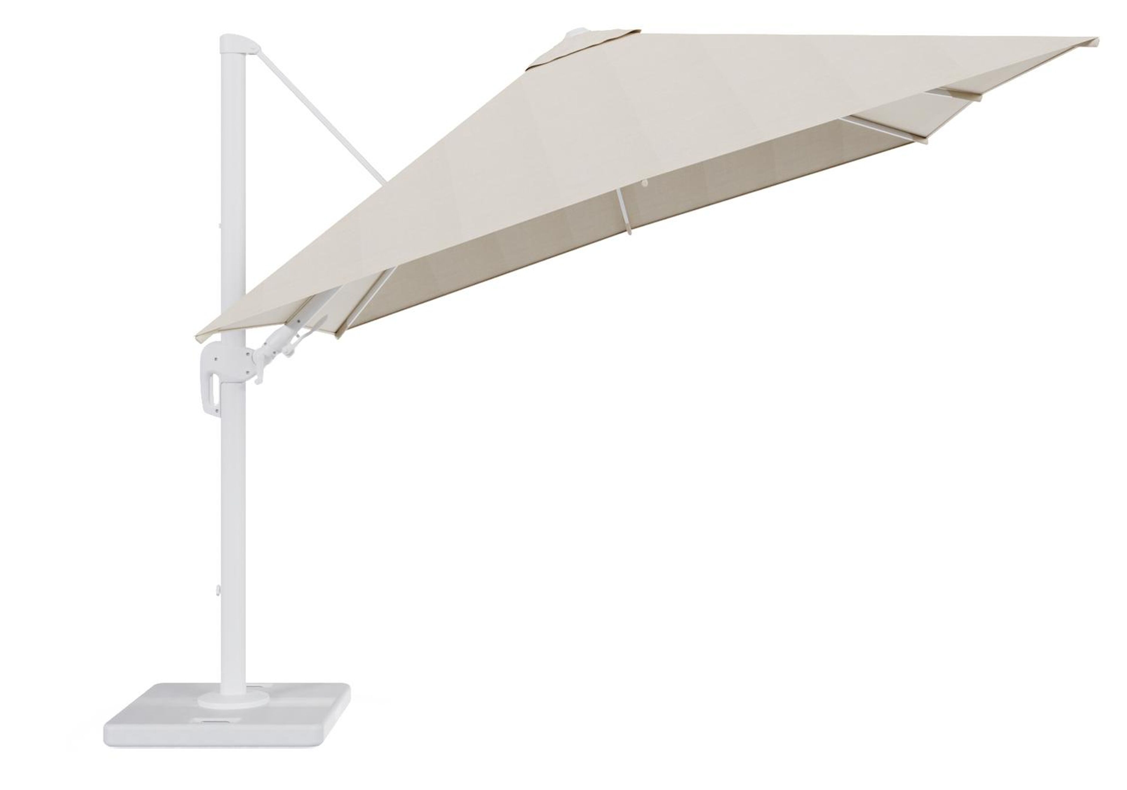 Parasol pendant Rufina avec fonction tilt en aluminium blanc avec toile de parasol en all weather sunbrella® premium beige - Lg.1 300 x Lg.2 300 cm avec pied de parasol Lapido 120 kg