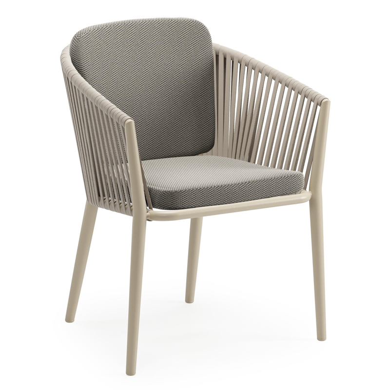 Chaise de jardin Orso en aluminium beige et corde plate tissée verticalement beige avec coussin en All Weather Sunbrella® Luxe Lopi Charcoal