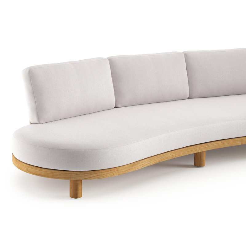 Donato loungebank in teak en beige verticaal geweven ronde rope met all weather sunbrella® luxe Savane Whisper kussen