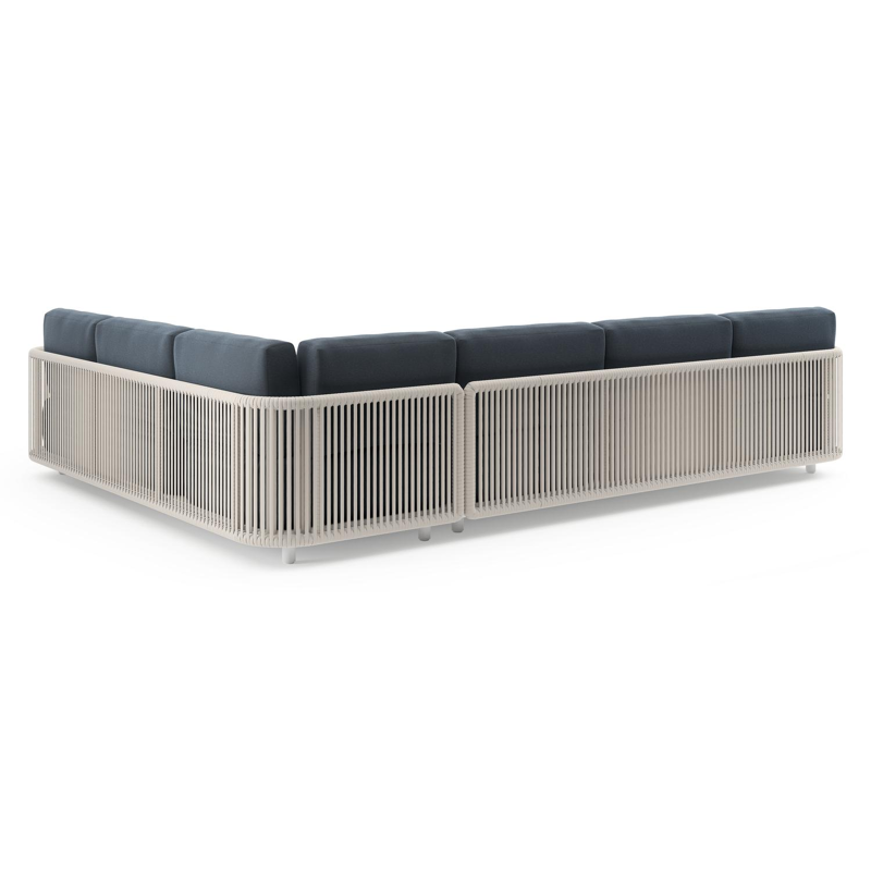 Organo loungehoek in wit aluminium en beige verticaal geweven luxe vlakke rope met heritage indigo all weather Sunbrella® luxe kussen