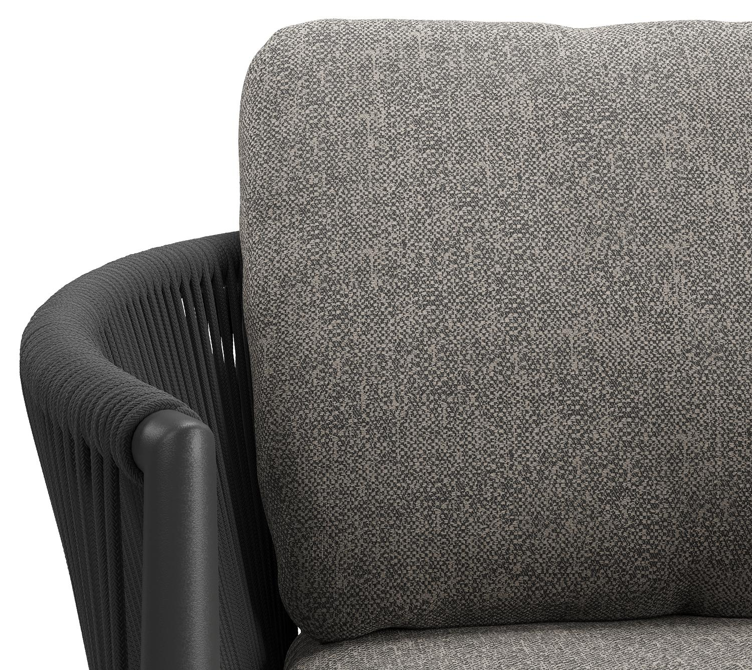 Chaise de jardin Organo en aluminium beige et corde ronde tissée verticalement beige avec coussin en All Weather Sunbrella® Luxe Chartres Drizzle