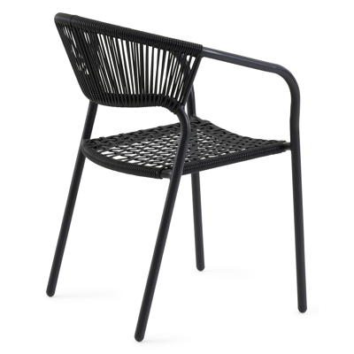 Tora tuinset in zwart aluminium en grijs keramische print tafelblad met 4 stapelbare Vigo tuinstoelen