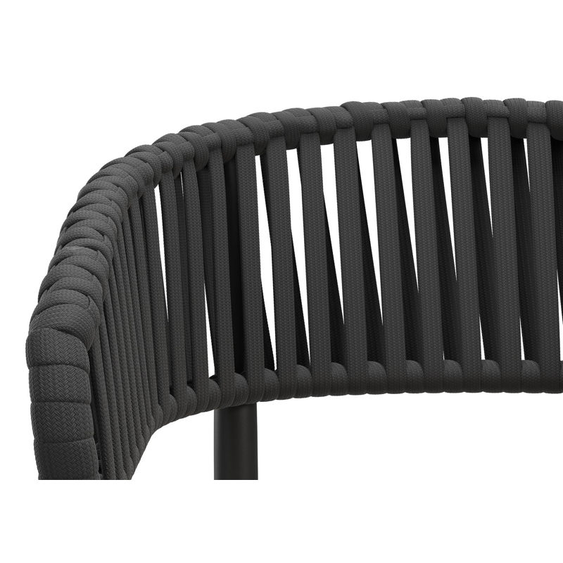 Tolfa stapelbare tuinstoel in zwart aluminium en zwart verticaal geweven luxe vlakke brede rope met stoelkussen in All Weather Cosytica Marbella Beige