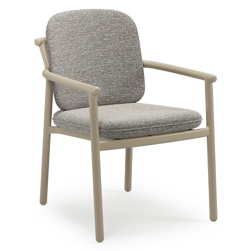 Bono stapelbare tuinstoel in beige aluminium met stoelkussen in All Weather Sunbrella® Luxe Tundra Pepper