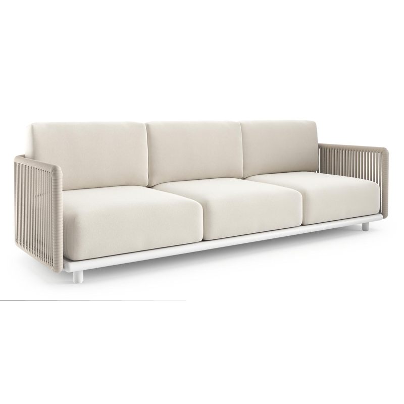 Organo loungebank in wit aluminium en beige verticaal geweven luxe vlakke rope met savane white all weather Sunbrella® luxe kussen