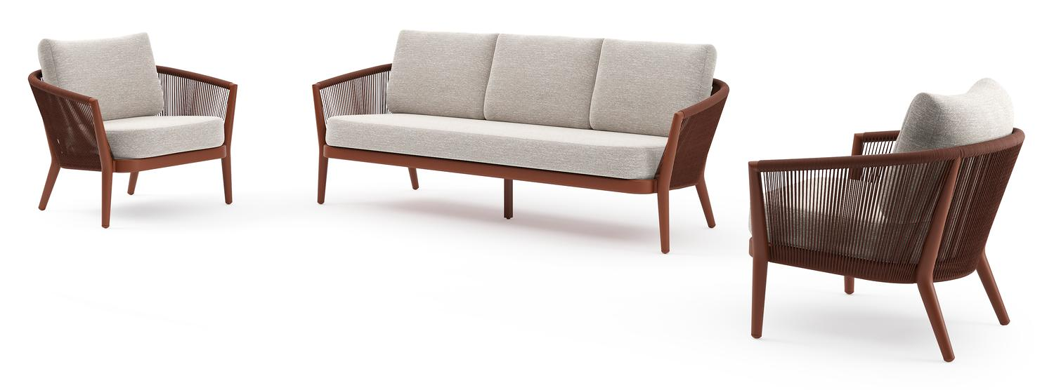 Orso loungeset in roestbruin aluminium en roestbruin verticaal geweven ronde rope met Tundra Sand all weather sunbrella® luxe kussen