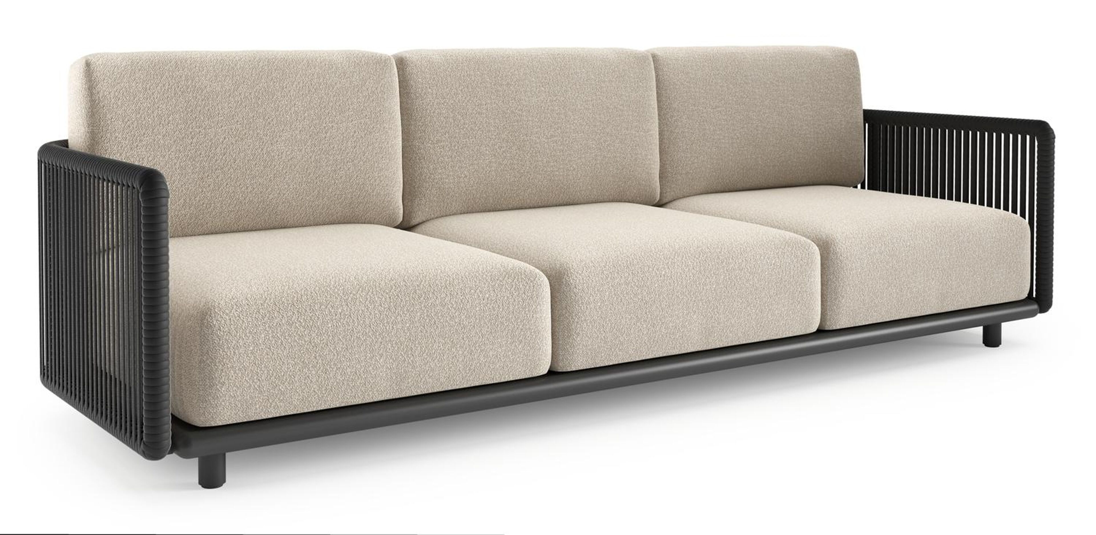 Canapé de jardin Organo en aluminium noir et corde luxe plate tissée verticalement noir et coussin en all weather Cosytica marbella ecru