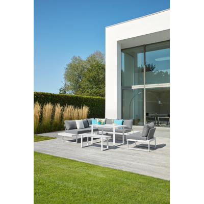 Salon de jardin d'angle Merida en aluminium blanc avec coussins en polyester gris et table basse