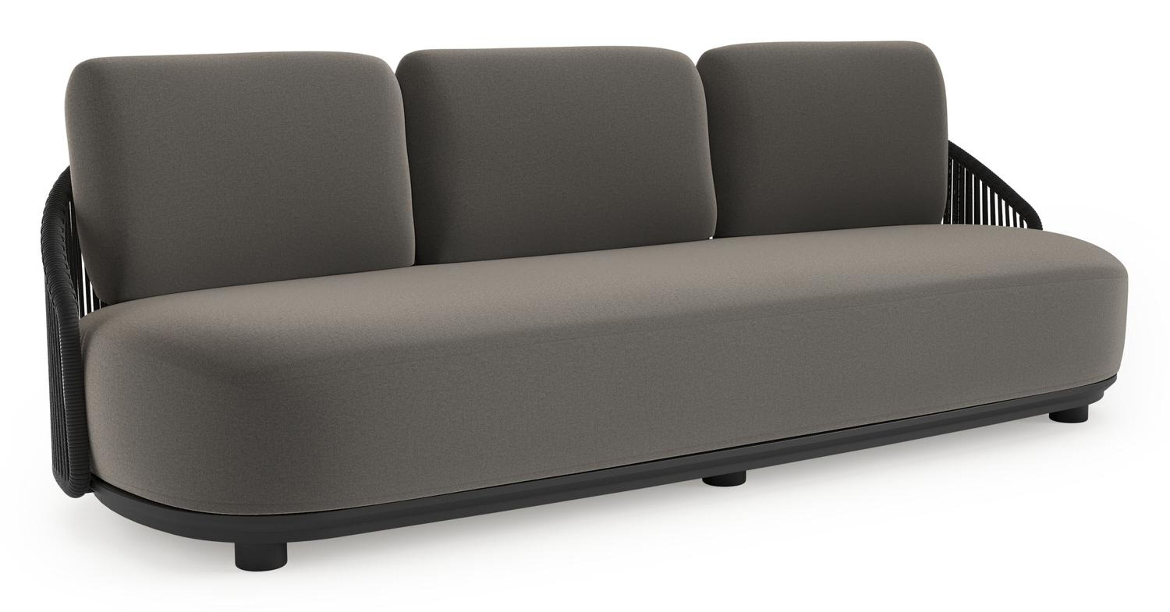 Canapé de jardin Vadelo en aluminium noir et corde ronde tissée verticalement noir et coussins en all weather sunbrella® luxe natte dark taupe