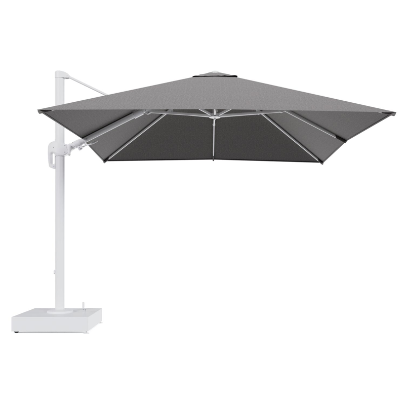 Rufina zweefparasol met tiltfunctie in wit aluminium en Chartres Drizzle All Weather Sunbrella® Luxe parasoldoek - L1 300 x L2 300 cm met parasolvoet Minore 150 kg met wielen