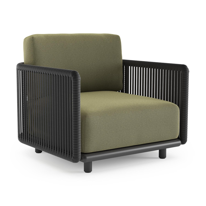 Organo loungestoel in zwart aluminium en zwart verticaal geweven luxe vlakke rope met heritage leaf all weather Sunbrella® luxe kussen