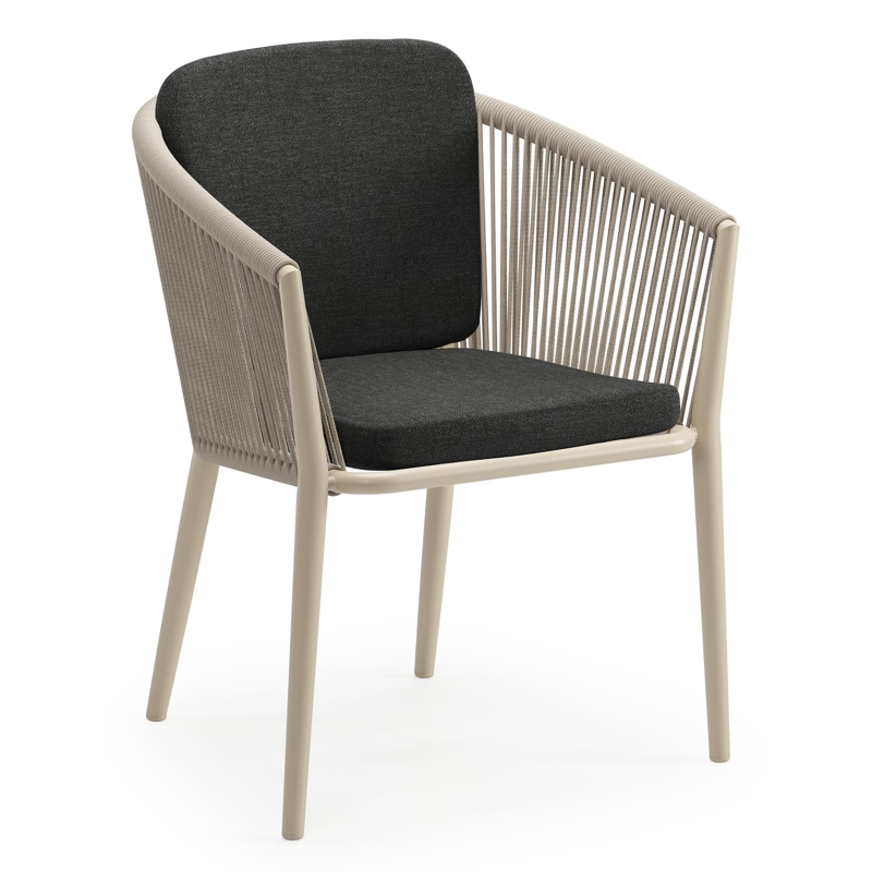 Orso tuinstoel in beige aluminium en beige verticaal geweven ronde rope met zitkussen in All Weather Sunbrella® Luxe Chartres Sooty
