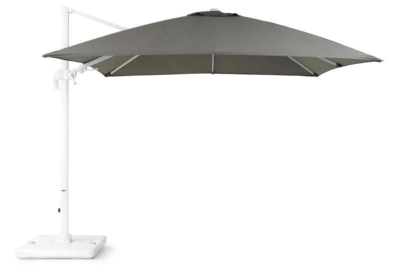 Avola zweefparasol met tiltfunctie in wit aluminium met grijs all weather sunbrella® premium parasoldoek - L1: 300 x L2: 300 cm (met voet)