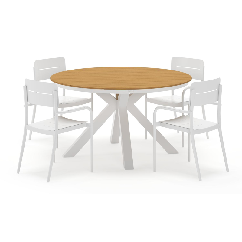 Tora tuinset rond in wit aluminium en polywood met 4 Salto tuinstoelen