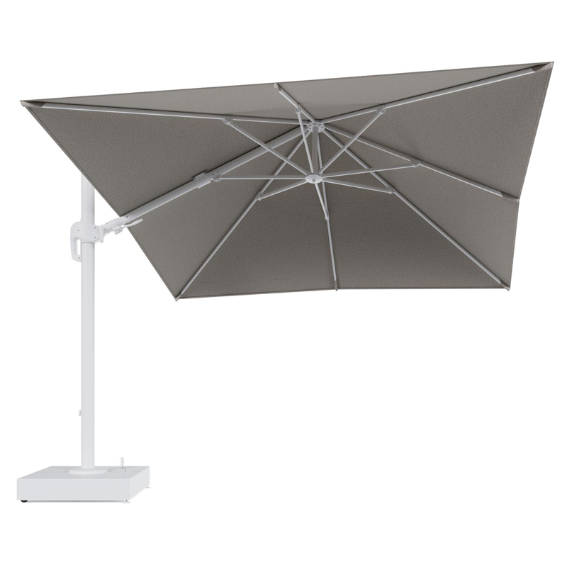Rufina zweefparasol met tiltfunctie in wit aluminium en Firenze Sand All Weather Solica parasoldoek - L1 300 x L2 300 cm met parasolvoet Minore 150 kg met wielen