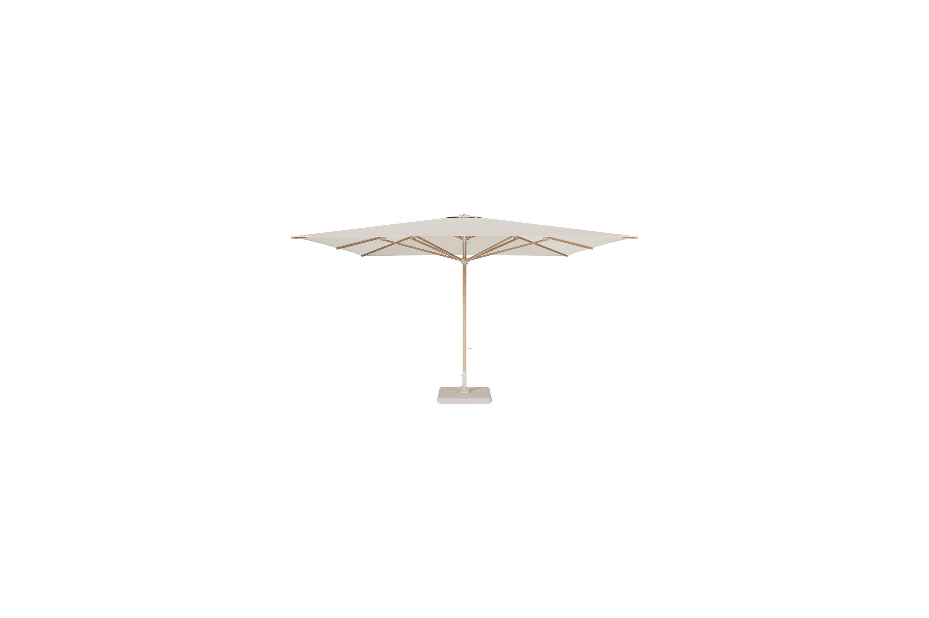 Solino staanparasol in aluminium houtlook met beige all weather sunbrella® premium parasoldoek - Dia 400 cm met parasolvoet Lapido 160 kg