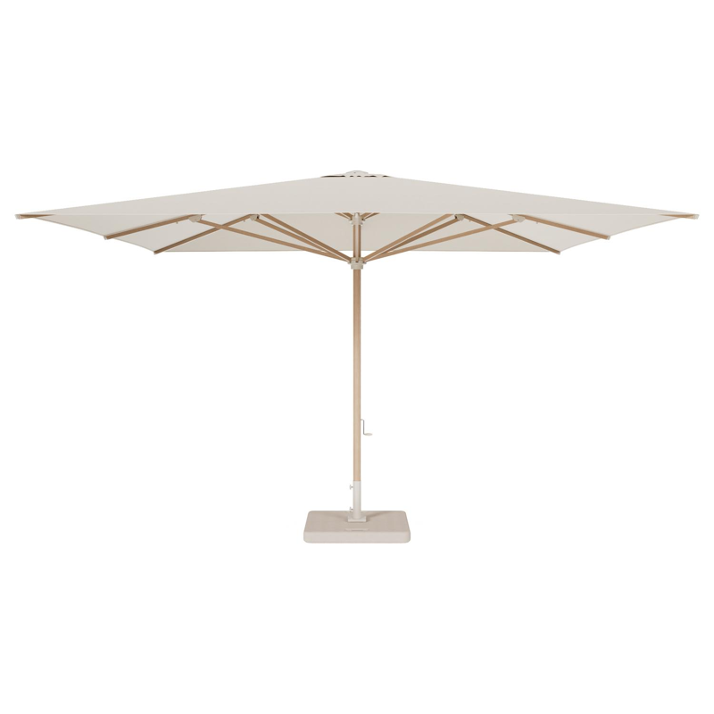 Solino staanparasol in aluminium houtlook met beige all weather sunbrella® premium parasoldoek - Dia 400 cm met parasolvoet Lapido 160 kg