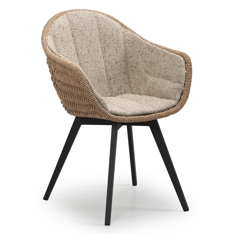 Pagino tuinstoel in zwart aluminium en naturel ronde wicker met zitkussen in All Weather Cosytica Bora Jungle