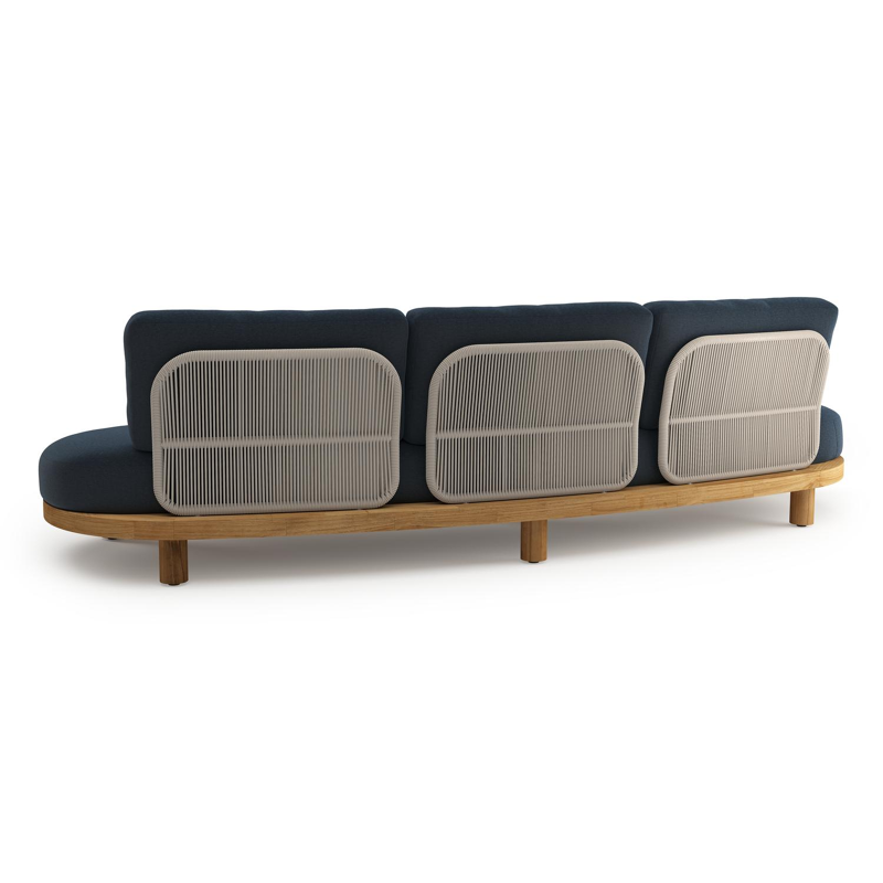 Donato loungebank in teak en beige verticaal geweven ronde rope met All Weather Sunbrella® luxe Heritage Indigo kussen