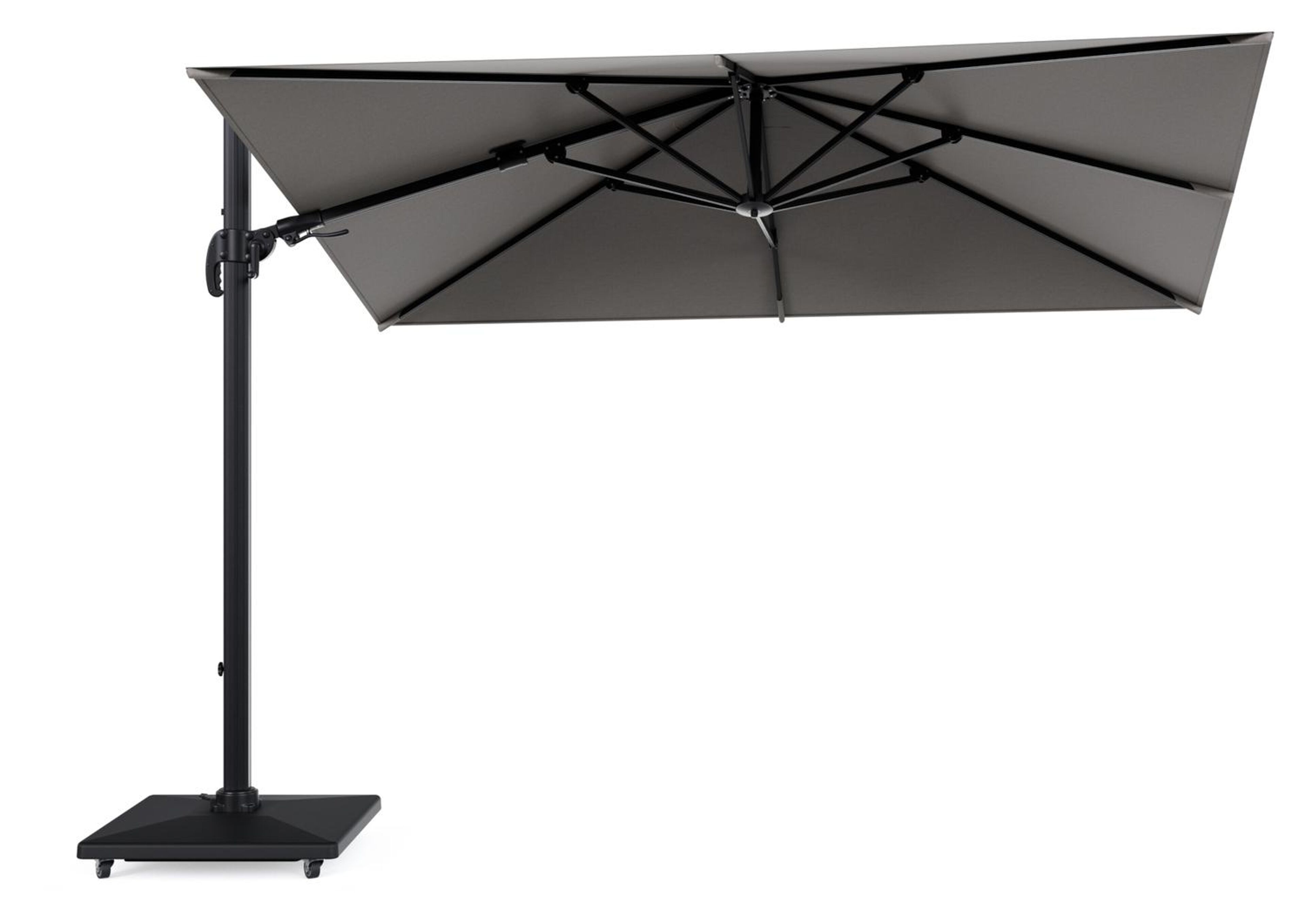 Parasol pendant Avola avec fonction tilt en aluminium noir avec toile de parasol en weather+ softtouch gris - Lg.1 200 x Lg.2 300 cm avec pied de parasol Avola 90 kg