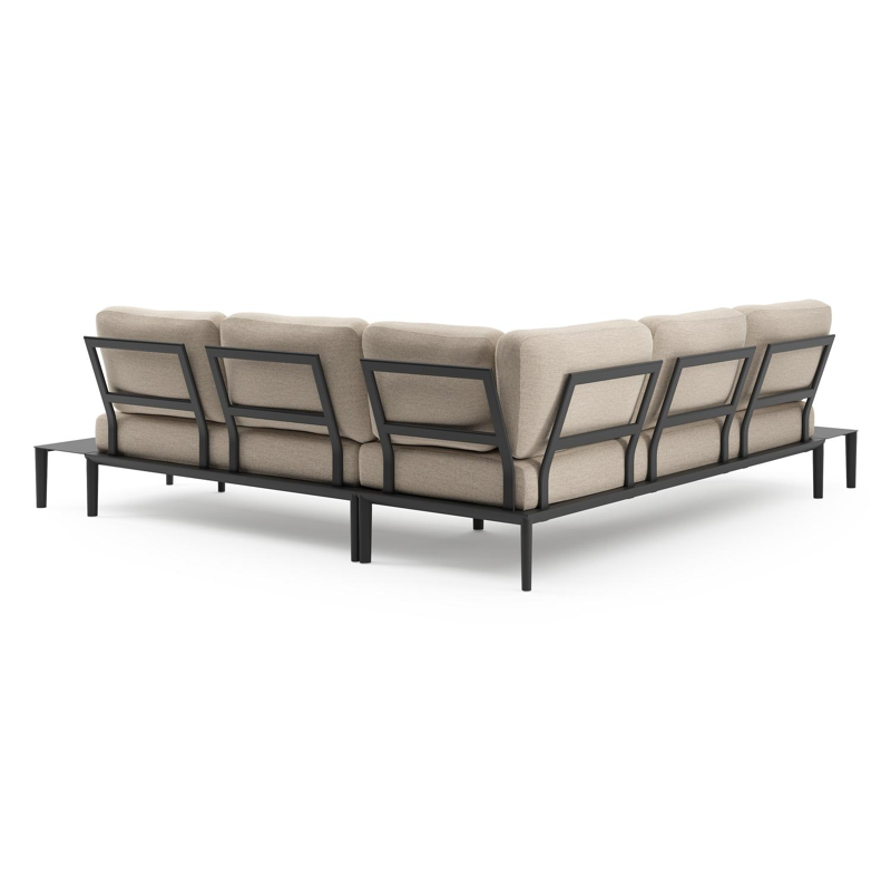 Salon de jardin d'angle Tolosa en aluminium noir et coussins en weather+ softtouch rustic et table basse