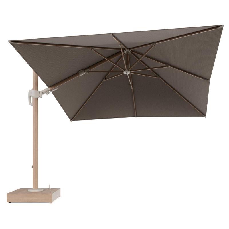 Rufina zweefparasol met tiltfunctie in houtlook aluminium en Firenze Earth All Weather Solica parasoldoek - L1 300 x L2 300 cm met parasolvoet Minore 150 kg met wielen