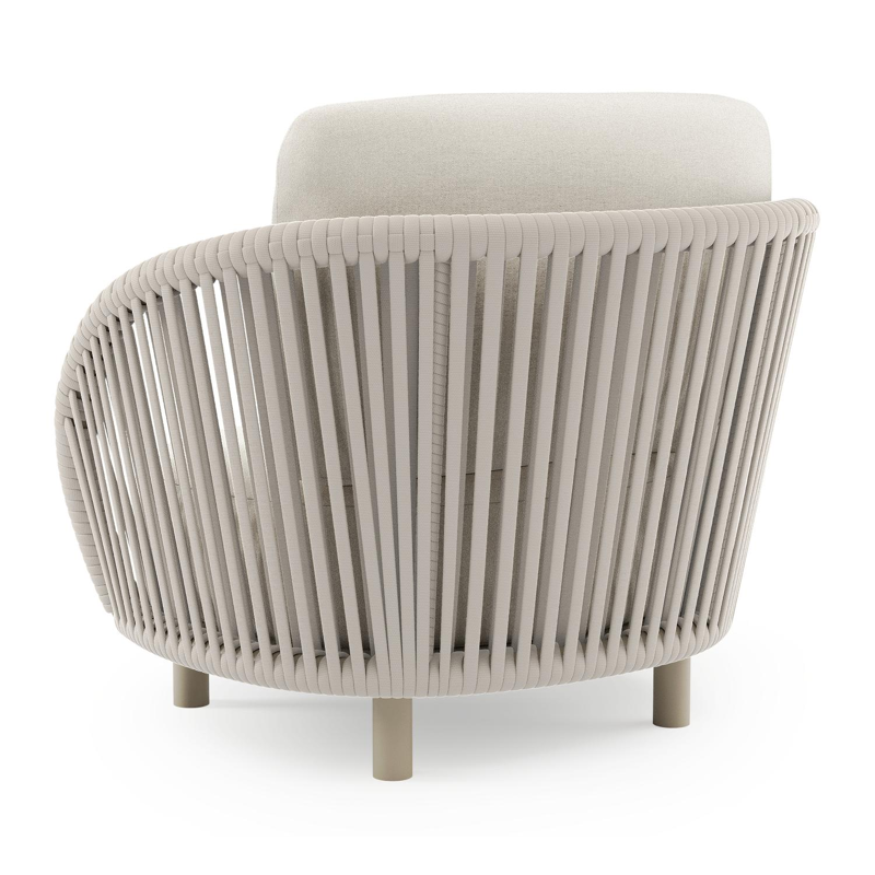 Fauteuil de jardin Lupino en aluminium beige et corde large plate de luxe tissée verticalement beige et coussins en all weather sunbrella® luxe natte white