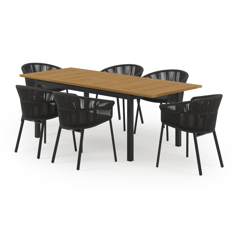 Amalfi tuinset met verlengbare tafel in zwart aluminium en teak tafelblad met 6 stapelbare Matera tuinstoelen