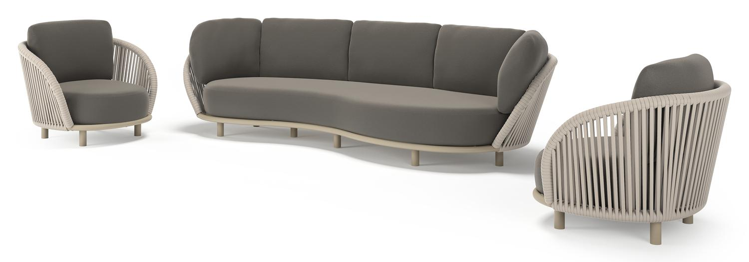 Lupino loungeset in beige aluminium en beige verticaal geweven luxe vlakke brede rope met natte dark taupe all weather sunbrella® luxe kussen