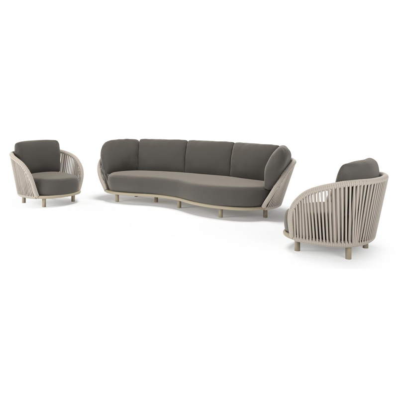 Lupino loungeset in beige aluminium en beige verticaal geweven luxe vlakke brede rope met natte dark taupe all weather sunbrella® luxe kussen