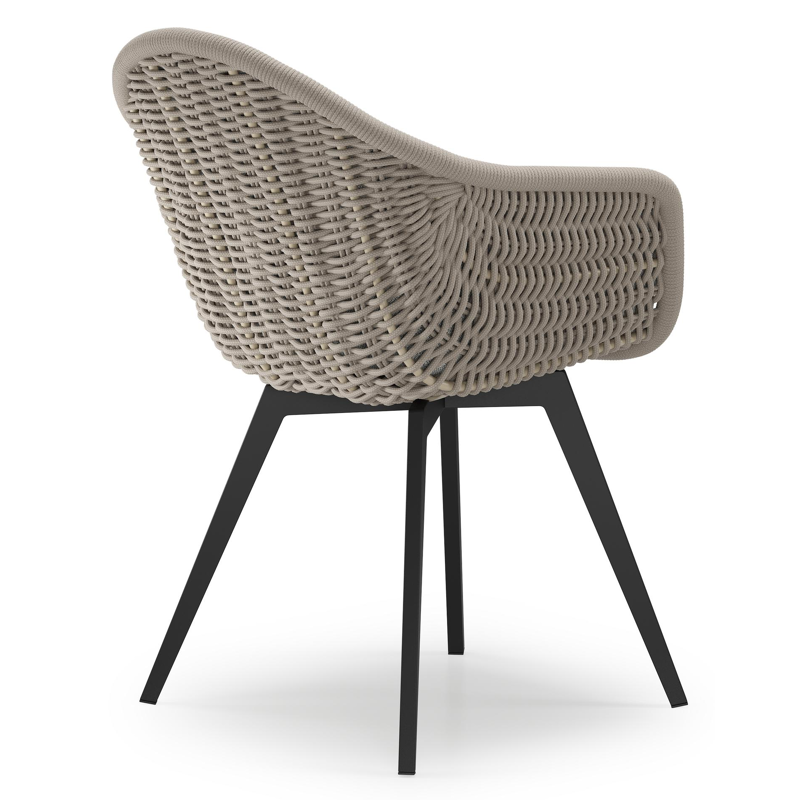 Pagino tuinstoel in zwart aluminium en beige verticaal geweven ronde rope met zitkussen in All Weather Sunbrella® Luxe Savane Nimbus