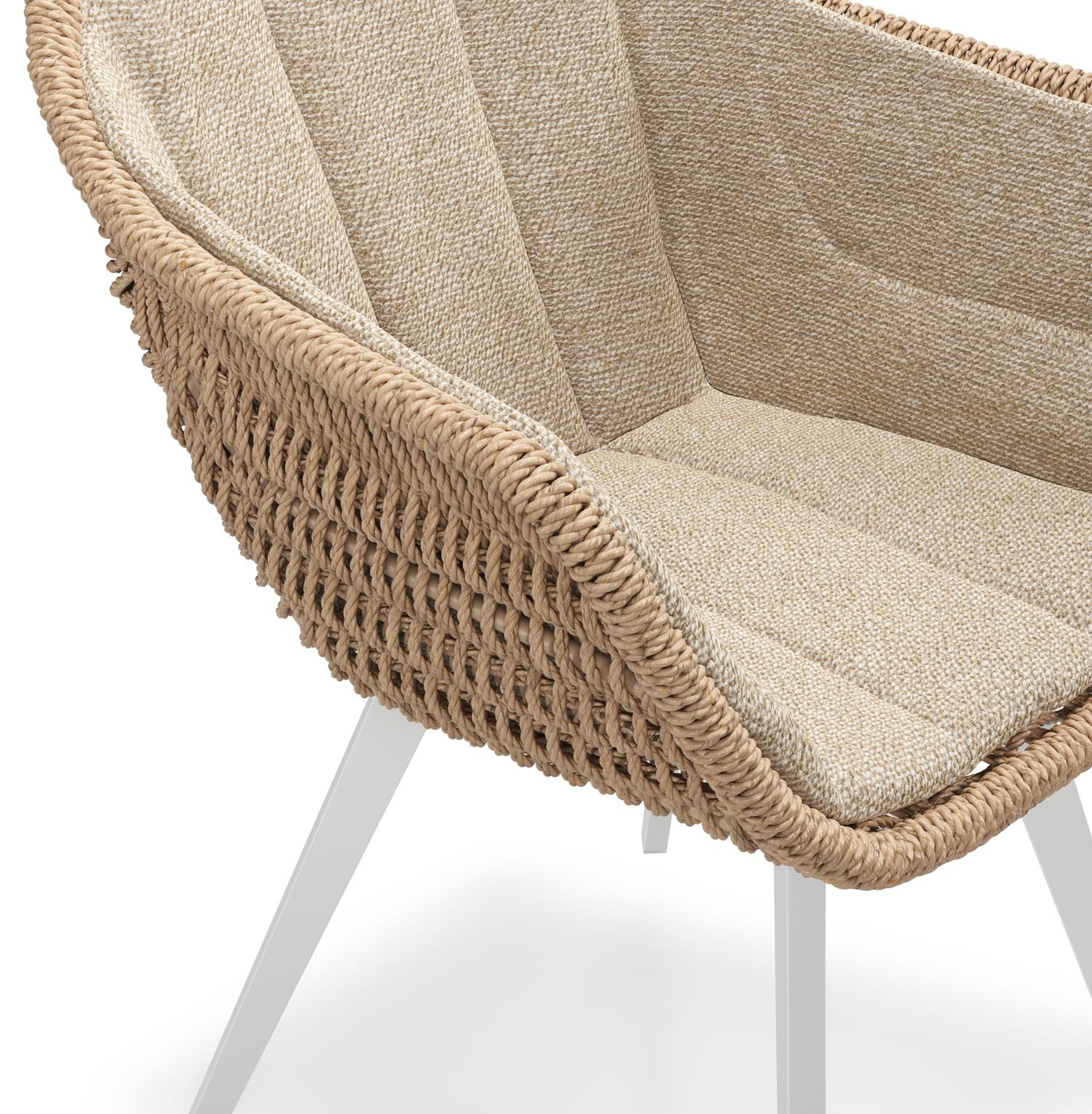 Pagino tuinstoel in wit aluminium en naturel ronde wicker met zitkussen in All Weather Cosytica Madagascar Oak
