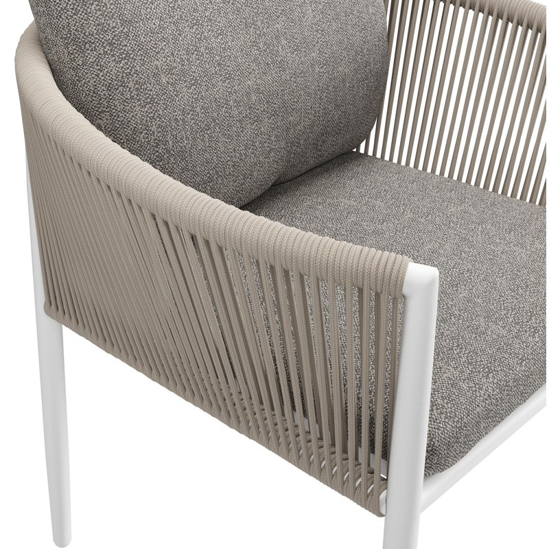 Chaise de jardin Organo en aluminium beige et corde ronde tissée verticalement beige avec coussin en All Weather Sunbrella® Luxe Chartres Drizzle