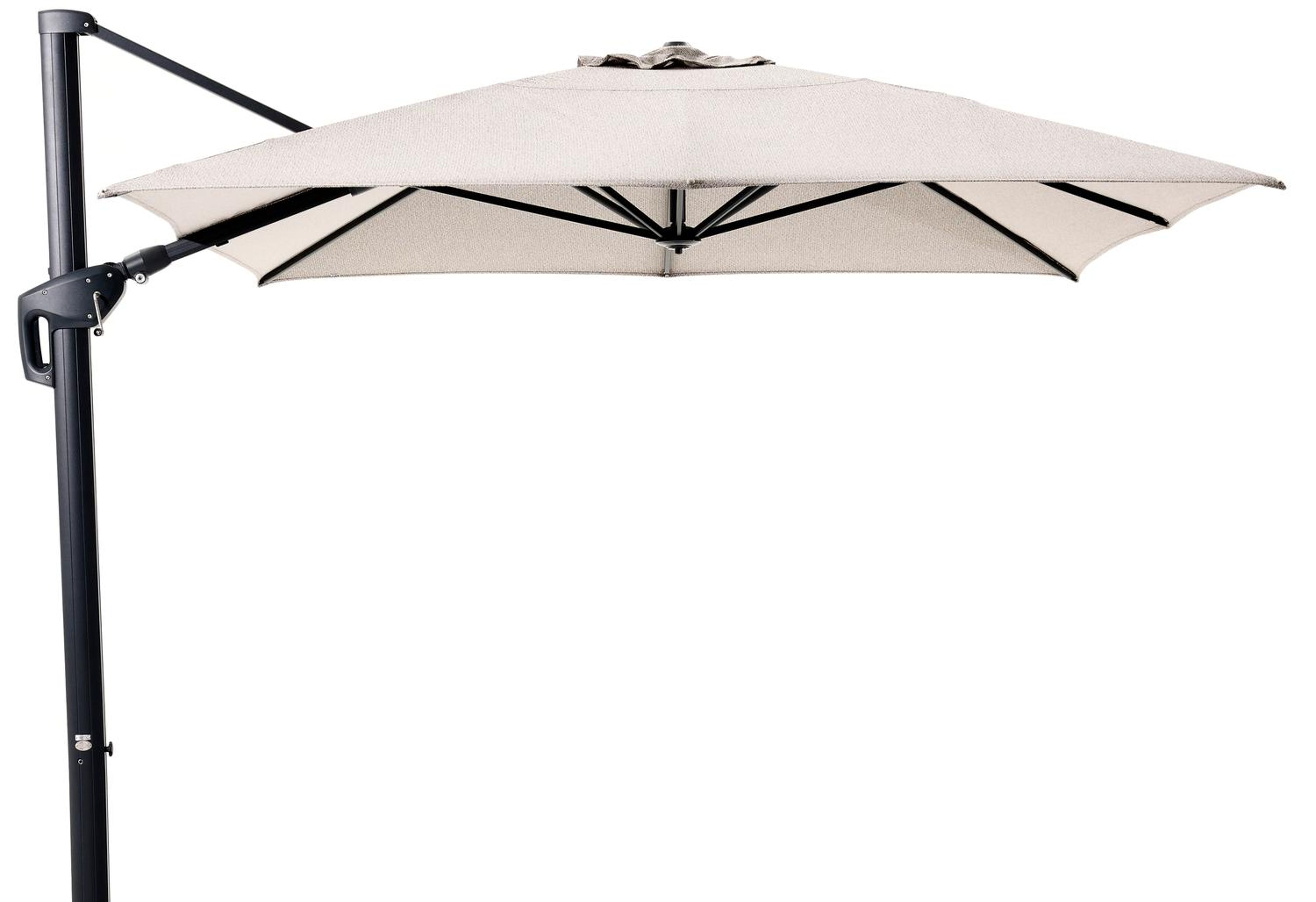 Minore zweefparasol met tiltfunctie in zwart aluminium en Sunbrella Luxe Wander Granite parasoldoek - L1 400 x L2 300 cm (zonder voet)