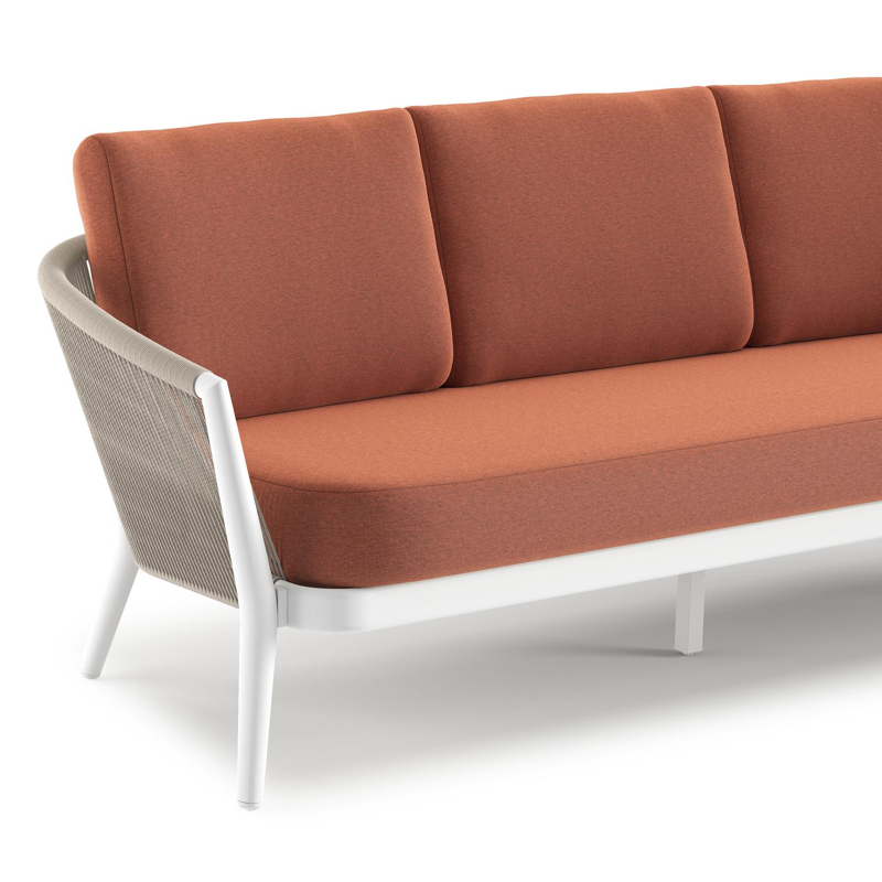 Canapé de jardin Orso en aluminium blanc en corde ronde tissée verticalement beige et coussins en all weather sunbrella® luxe Heritage Rust