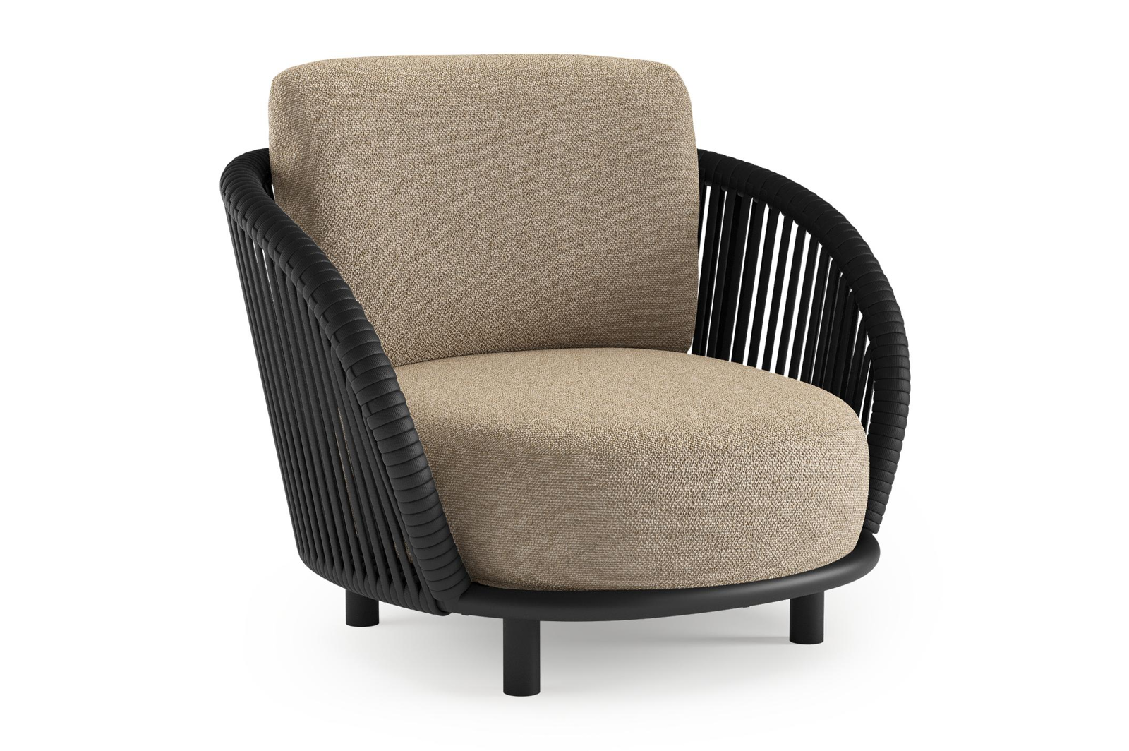 Lupino loungestoel in zwart aluminium en zwart verticaal geweven luxe vlakke brede rope met madagascar oak all weather cosytica kussen