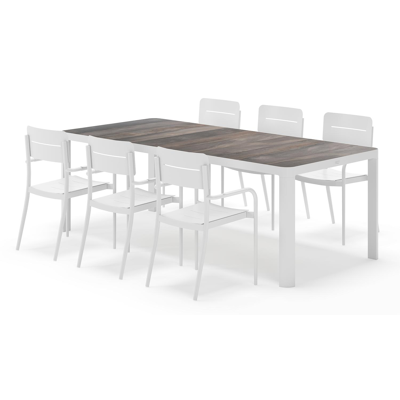 Ellara tuinset rechthoekig in wit aluminium en keramische tegels grijs met 6 Salto tuinstoelen