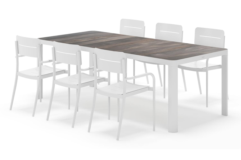 Ellara tuinset rechthoekig in wit aluminium en keramische tegels grijs met 6 Salto tuinstoelen