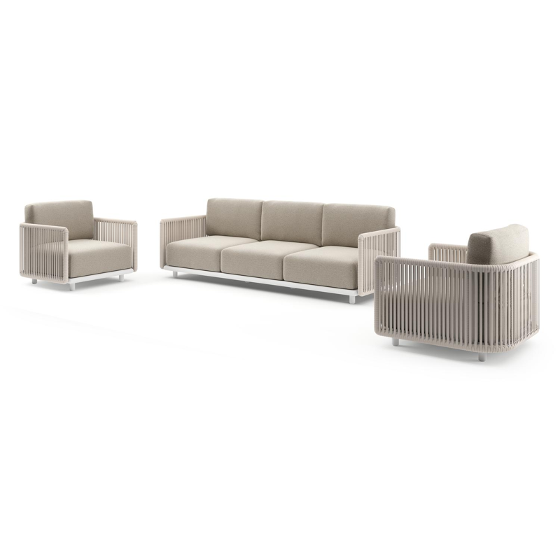 Salon de jardin Organo en aluminium blanc et corde luxe plate tissée verticalement beige et coussin en all weather Cosytica catania sand