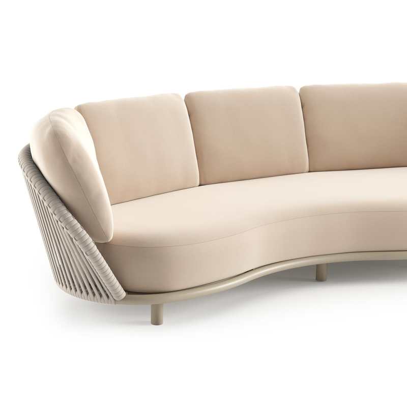 Lupino loungeset in beige aluminium en beige verticaal geweven luxe vlakke brede rope met natte linen chalk all weather sunbrella® luxe kussen