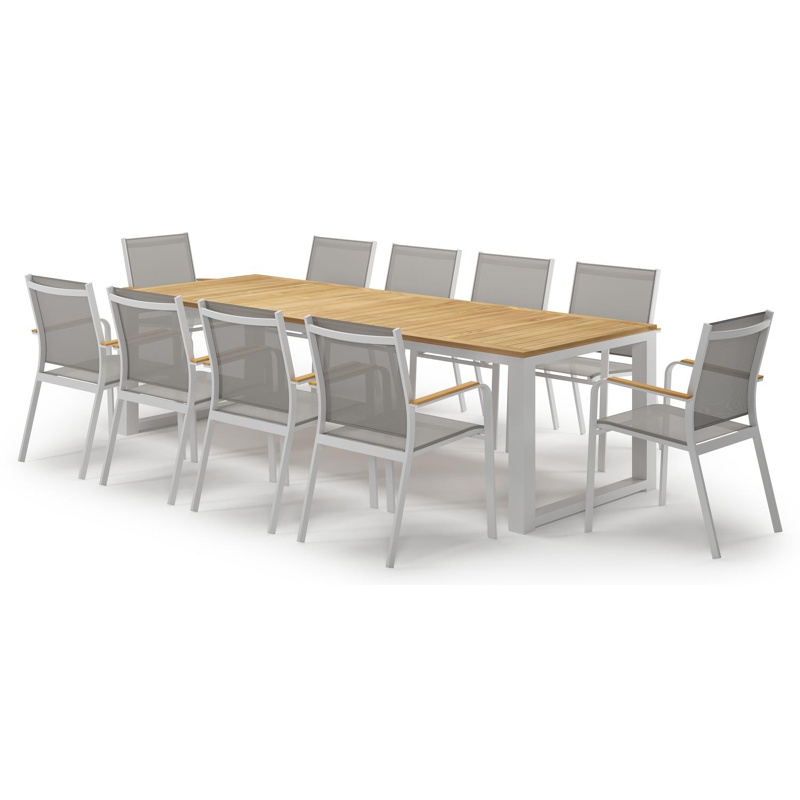 Livo tuinset in wit aluminium en teak met 10 Amalfi tuinstoelen