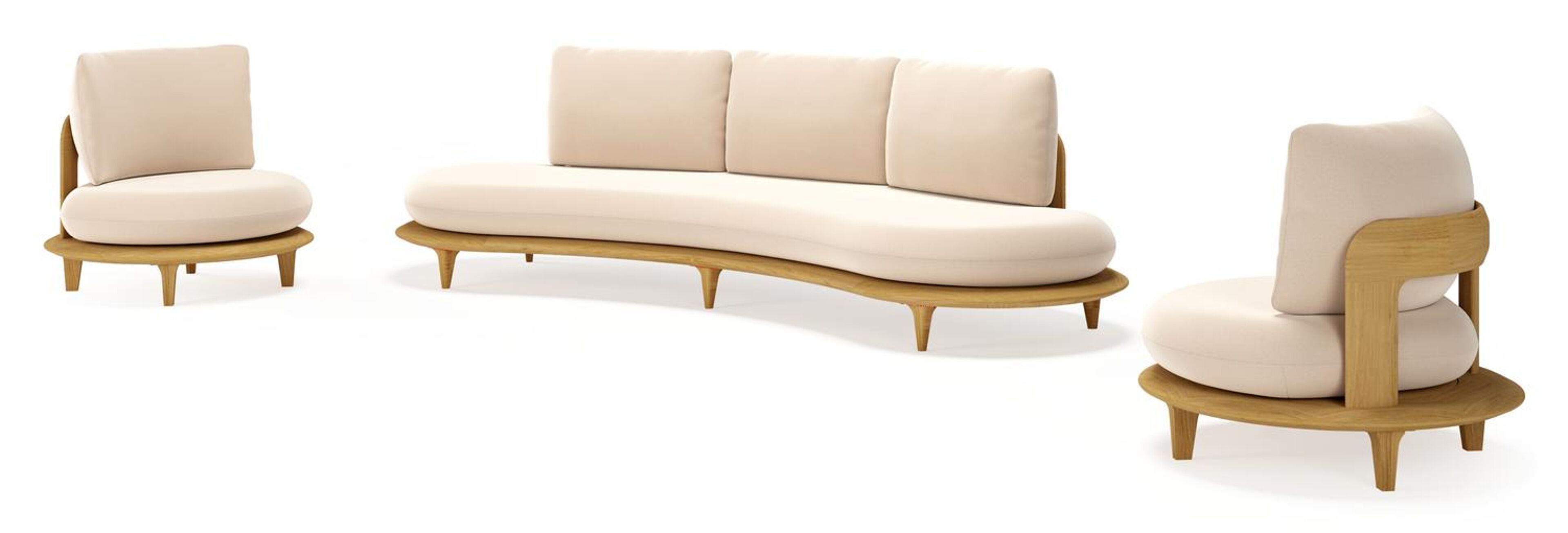 Salon de jardin Bomero en teck et coussins en all weather sunbrella® luxe natte linen chalk