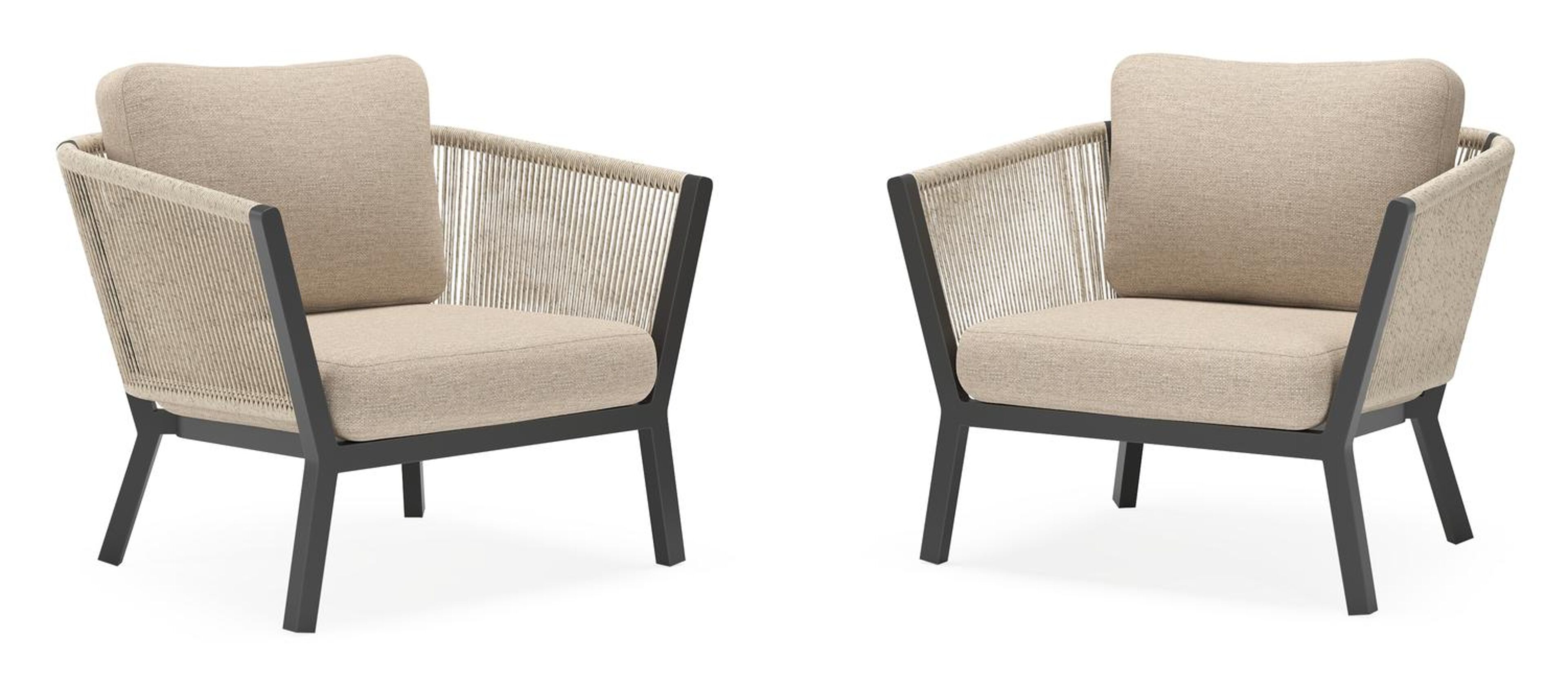 Set van 2 Cordoba loungestoelen in zwart aluminium en beige rope met Rustic Weather+ Softtouch kussen