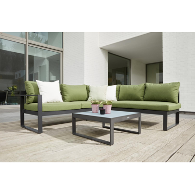Caldela loungehoek in zwart aluminium met groen polyester kussens en loungetafel