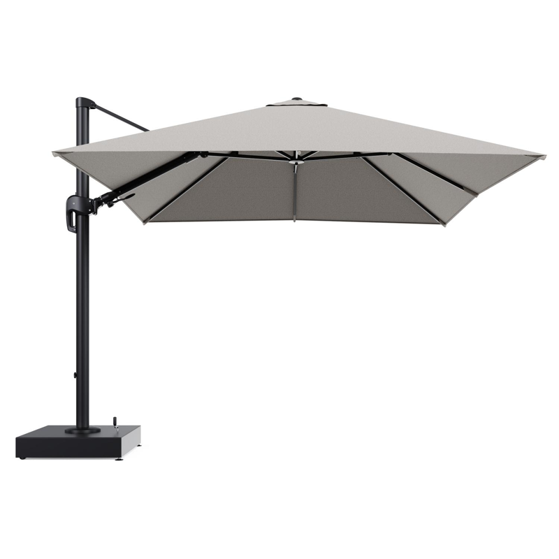 Rufina zweefparasol met tiltfunctie in zwart aluminium en Firenze Sand All Weather Solica parasoldoek - L1 300 x L2 300 cm met parasolvoet Minore 150 kg met wielen